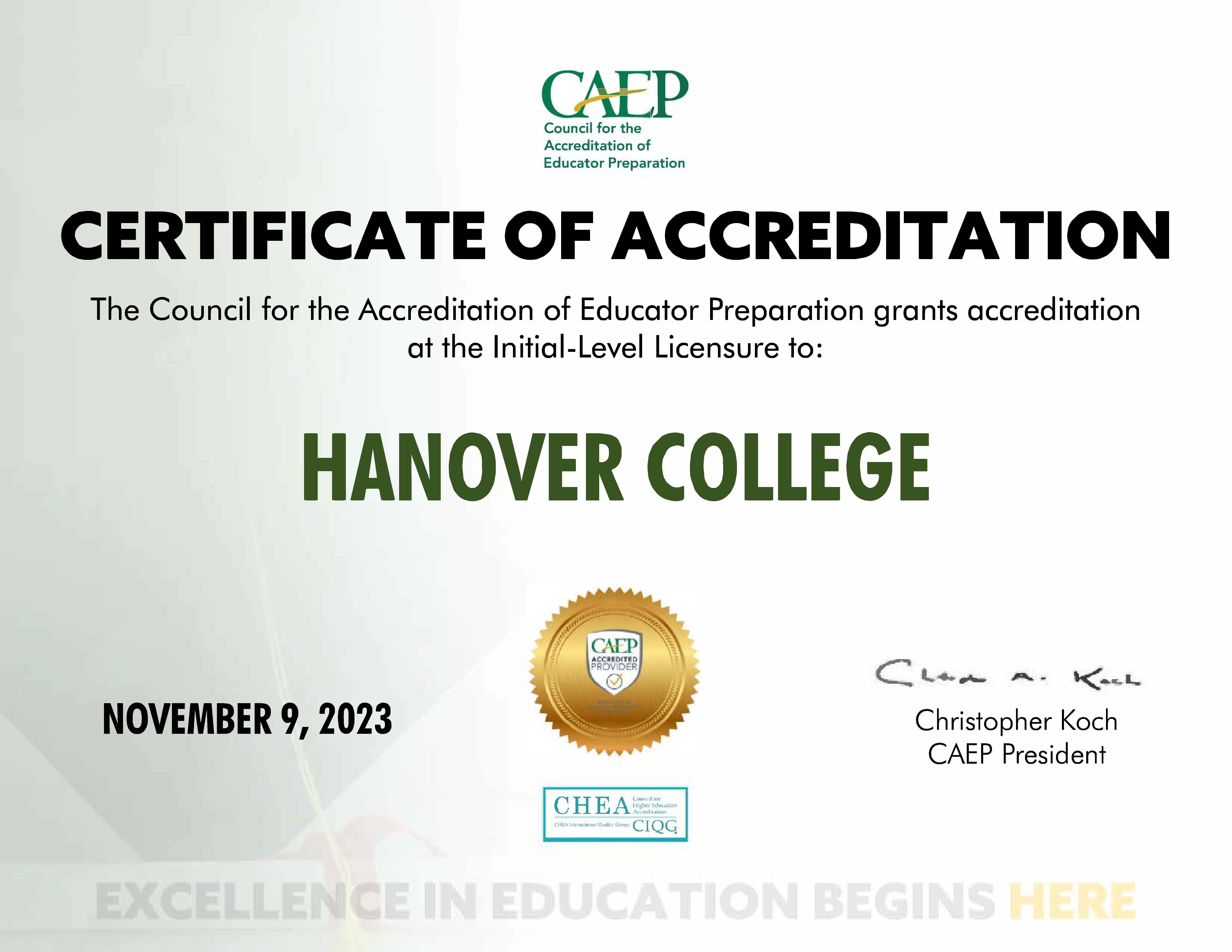 CAEP accreditation certificate